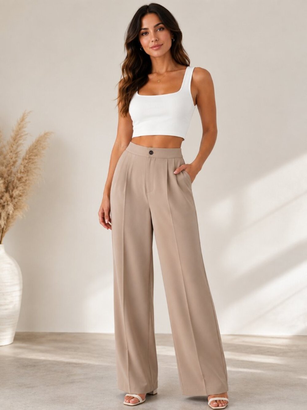 SHEIN Wide Leg Dress Pants Women Small Beige High Rise Trousers